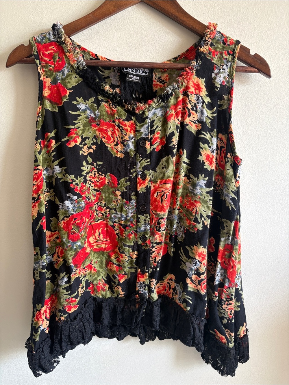 Angie Boho Floral Tank Raw Edge Neckline Lace Hem Top Size L